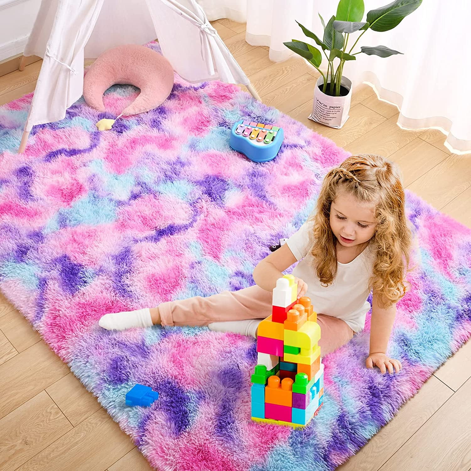 Dwelke Soft Rainbow Fluffy Rug for Girls Room Kids Baby Girls Bedroom