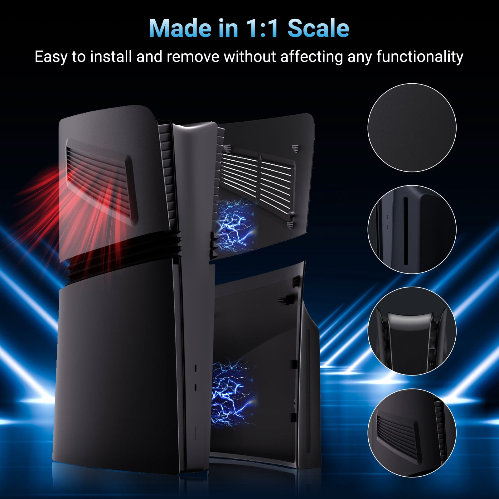 4 in 1 Black Plates for PS5 Pro Disc and Digital Edition, Faceplate for PS5 Pro with Cooling Vent, Face Plate Console Accessories Cover ABS Dustproof Replacement Side Shell Case Black