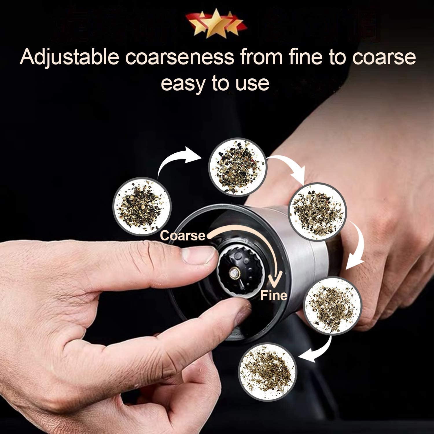 Salt and Pepper Grinder Set with Wooden Tray Refillable Stainless Steel Adjustable Coarseness Compact Glass Spice Mills