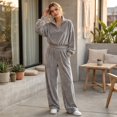 thumbnail image 5 of Szluipve 2 Piece Sets for Women Velour 2 Piece Tracksuit Half Zip Stand Collar Long Sleeve Top Elastic Waist Wide Leg Pants Casual Velvet Loungewear Outfit Gray L, 5 of 8