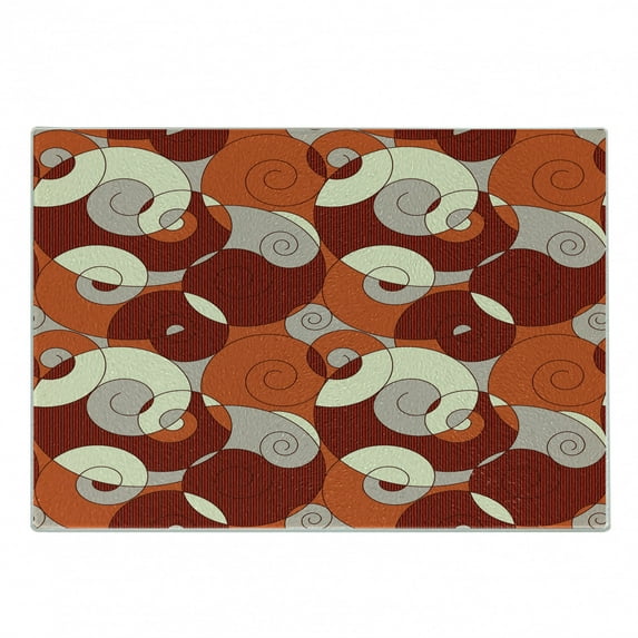 Abstract Cutting Board, Abstract Bold Spiral Motifs Circled Modern Pattern with Stripe Details, Decorative Tempered Glass Cutting and Serving Board, Small Size, Orange Ruby Ivory, by Ambesonne