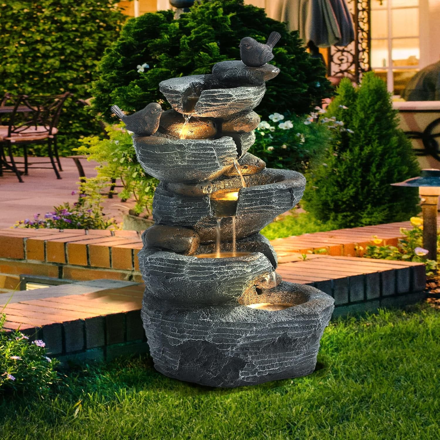 5-Tiers Cascading Rock Outdoor Water Fountain, Garden Freestanding Birds Waterfall Fountains Outdoor with LED Lights Birds Decor, Stacked Stone Outdoor Fountains for Garden Patio Porch, 26" H
