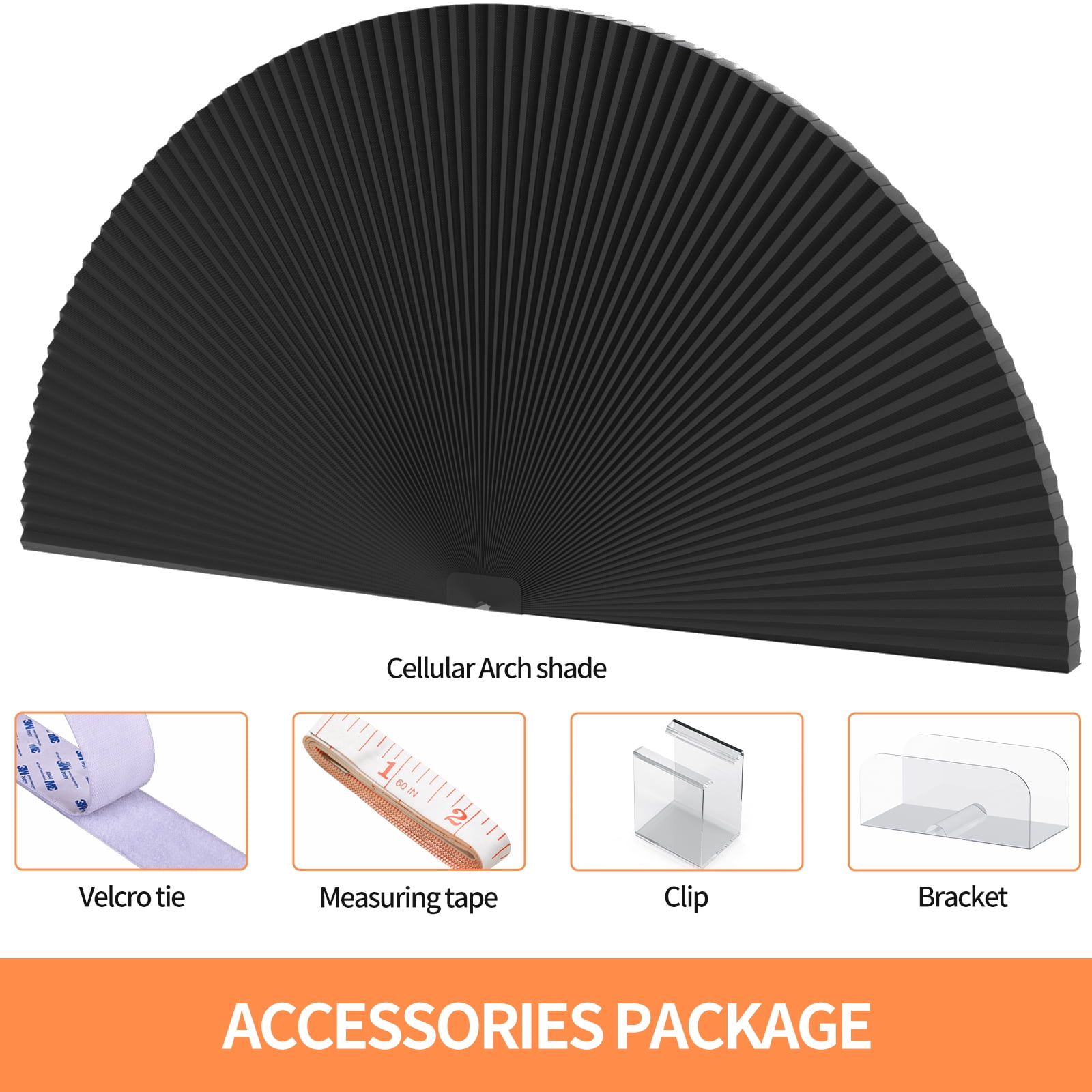 MYshade No Tools Window Shades Tie-Up Blackout Cellular Arch Window Shades, Black 36"W x 72"H