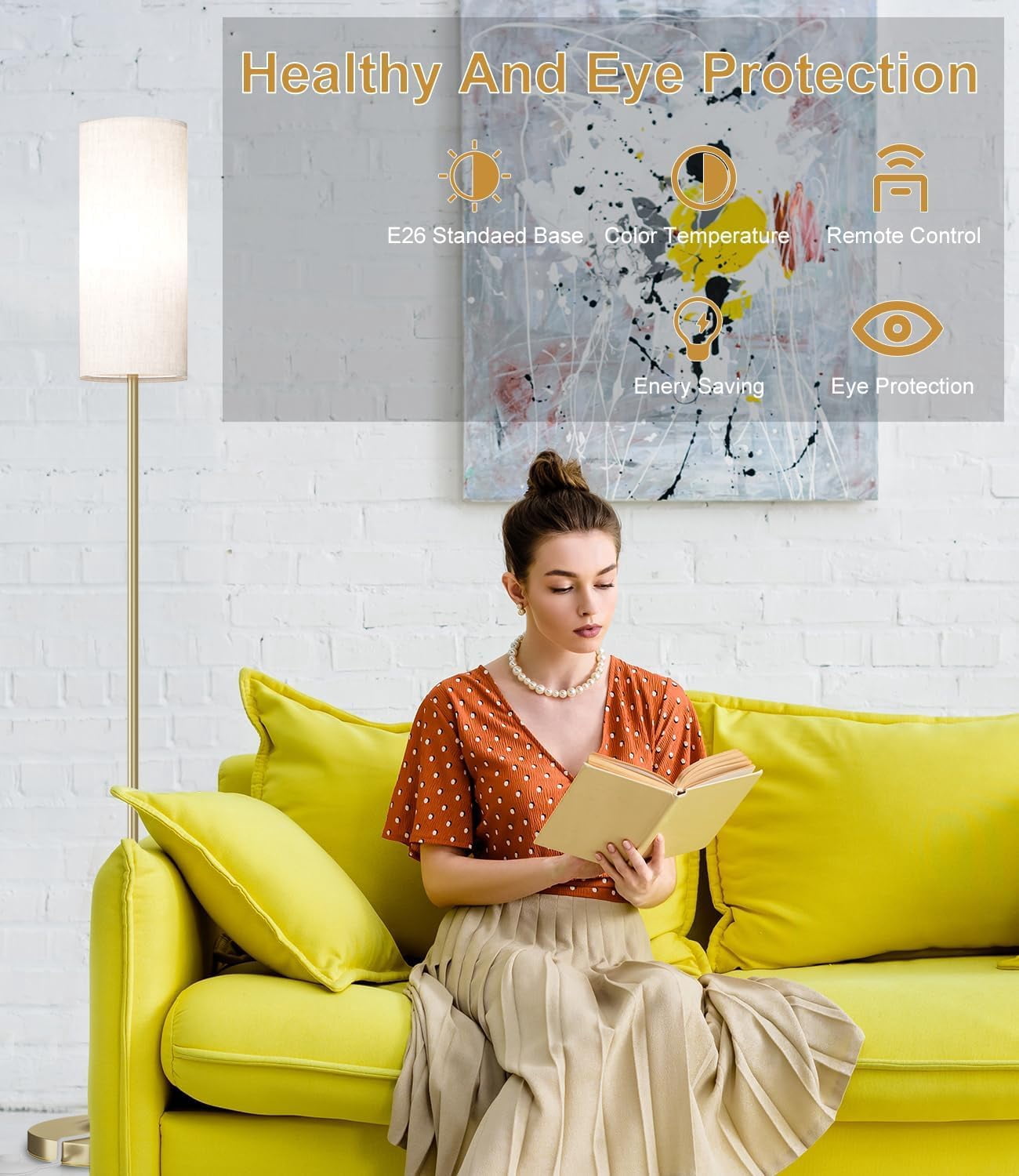Led Floor Lamp For Living Room  Dimmable Standing Lamps With Foot Remote Custom Color Temperature Pole Lampshade 12w Bulb Tall Bedroom Office