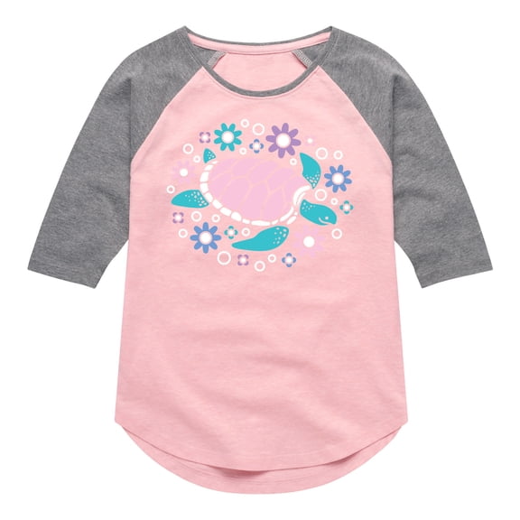 Instant Message - Turtle And Flowers - Toddler & Youth Girls Raglan Graphic T-Shirt