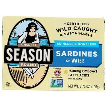 SEASON Brand Wild Caught Skinless & Boneless Sardines in Water - 3.75 Oz, 12 Pack