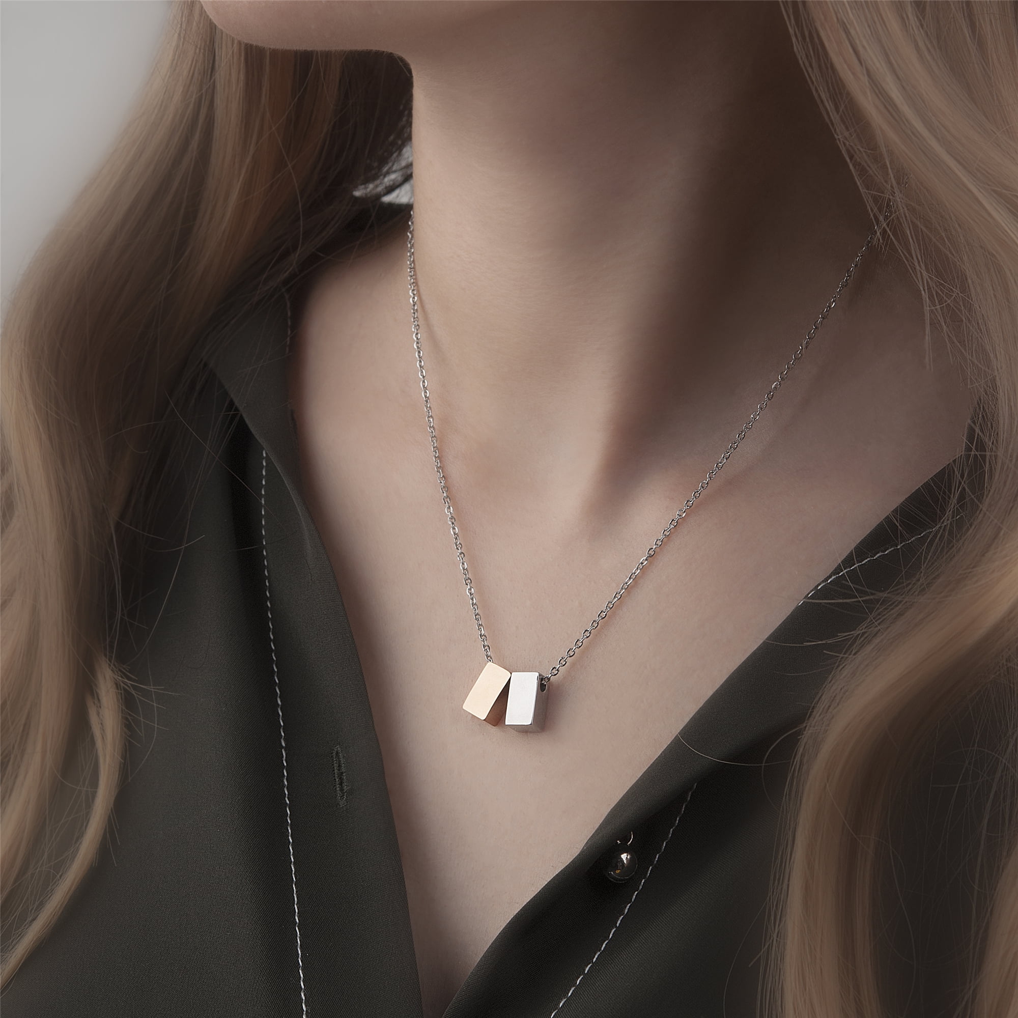 Anavia Coworkers Gifts for Christmas, Christmas Necklace for Friends, Teacher Boss New Year Necklace Jewelry Gifts for Christmas-[Rose Gold & Silver Cubes]