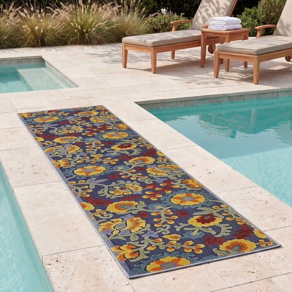 Nourison Aloha Outdoor Navy Multicolor 2'3" x 8' Area Rug (2x8)