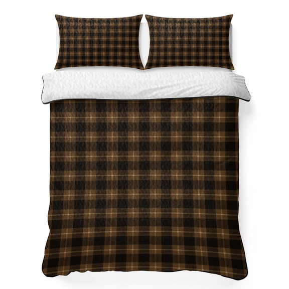 Brown Black Buffalo Plaid 3 Piece Quilt Bedding Set with 2 Pillow Shams, Country Rustic Classic Farmhouse Checkered Lightweight Bedspread Coverlet, Soft Breathable All Season Quilt, 96 x 106 Inch