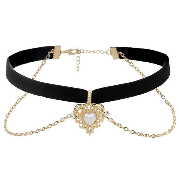 Vintage Black Velvet Choker Necklace Gothic Golden Imitation Pearl Heart Layered Necklace For Women Girls Jewelry Gift