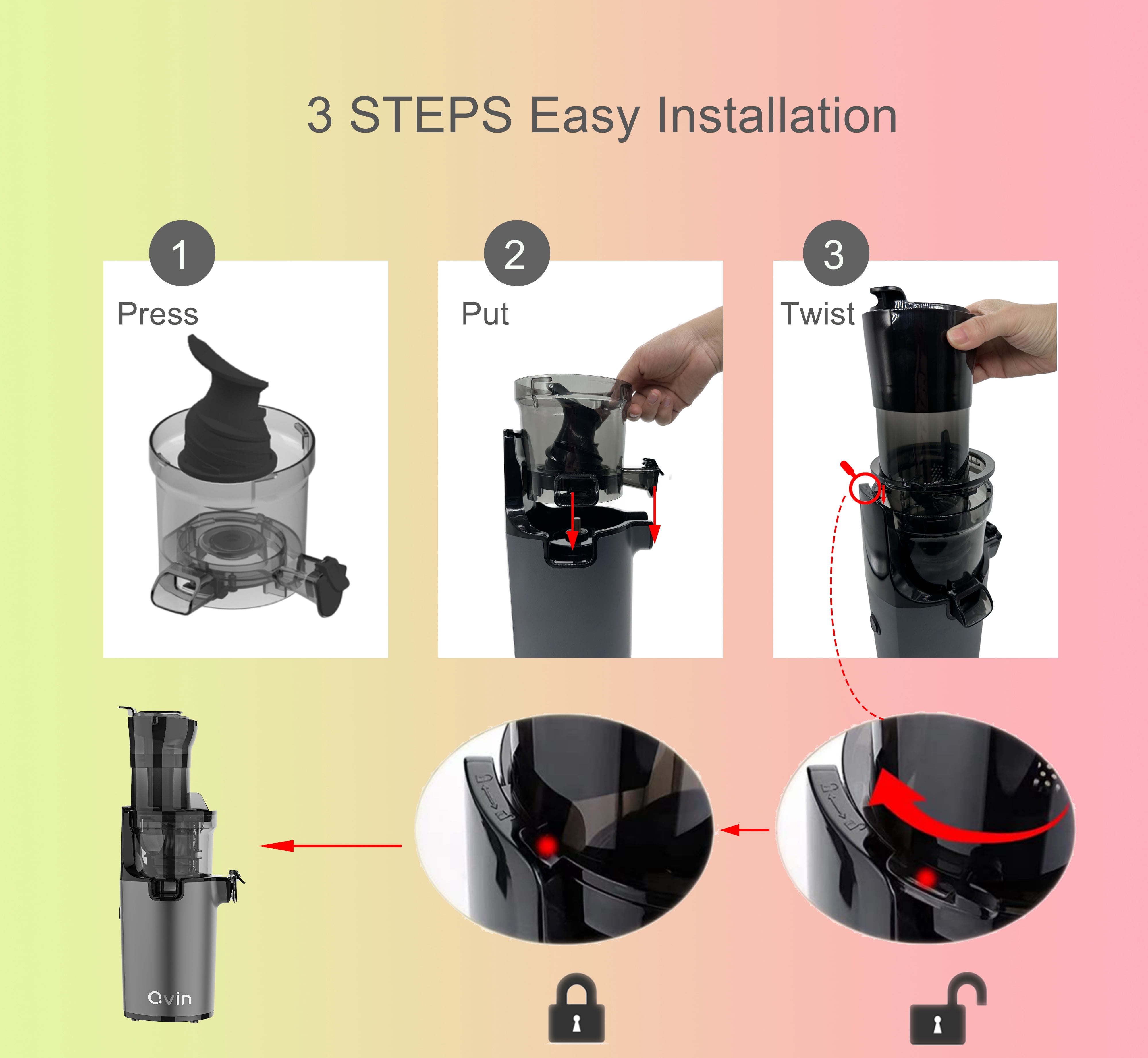 Qvin Compact Slow Masticating Juicer machines 3inch Big Wide Chute, Easy to Clean, BPA Free, Nutritional electrical Cold Press Juicer machine with Brush and 2 Cups