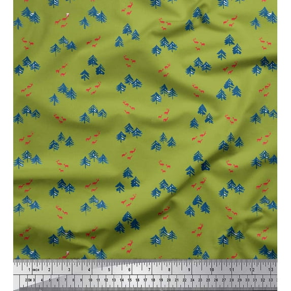 Soimoi Green Cotton Voile Fabric Elk & Deodar Cedar Tree Print Fabric by the Yard 42 Inch Wide