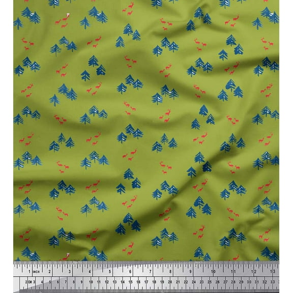 Soimoi Green Cotton Voile Fabric Elk & Deodar Cedar Tree Print Fabric by the Yard 42 Inch Wide