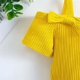 thumbnail image 6 of Odeerbi Toddler Girls 3 Piece Outfits Ruffle Bodysuit Flared Jeans Set Summer Clothes Fashion Casual Round Neck Collar Short Sleeve Botton Tops Solid Color Long Pants Sets Yellow, 6 of 9