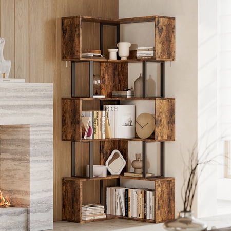Space-Saving l-Shaped Corner Bookshelf 6-Tier Freestanding Bookcase Tall Metal and Wood Storage Rack with Baffle Modern Industrial Display Shelf for Living Room Home Office