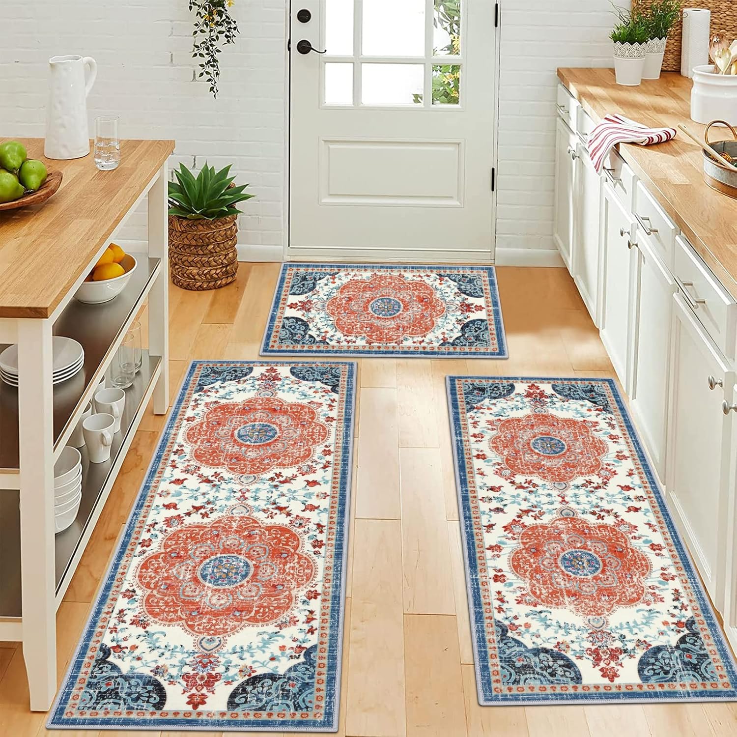 Boho Kitchen Rugs Sets 3 Piece with Runner Non Slip Kitchen Mats for Floor Washable Bohemian Runner Rug Kitchen Floor Mat Carpet for Hallway Laundry Room Door Office Sink