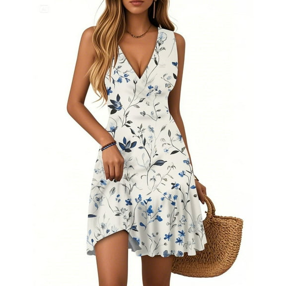 WTOBBY Women's Floral Print Sleeveless V-Neck Casual Summer Dress with Pleated Hem and Breathable Polyester Fabric for Beach Vacations and Resort Wear,BeigeL