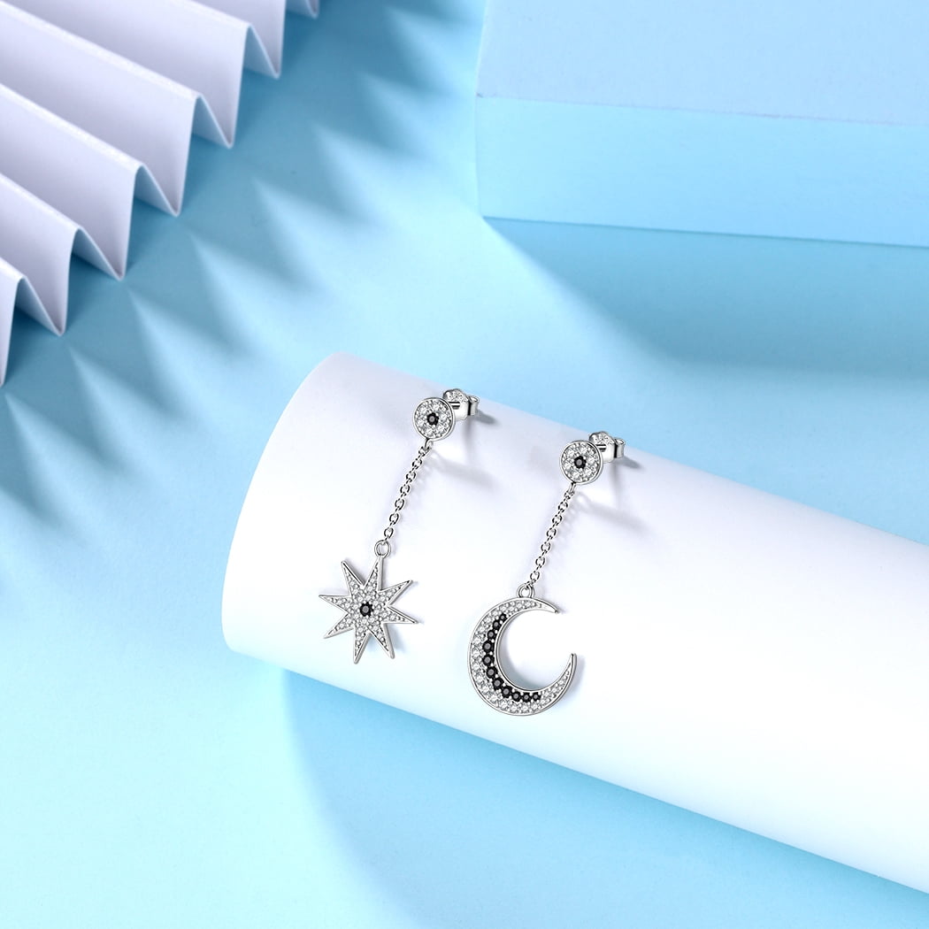 925 Sterling Silver Asymmetric Celestial Moon Star Drop Earrings Dangle Black CZ Fine Jewelry Women Mother Wife Christmas Valentine's Day Gift for Her