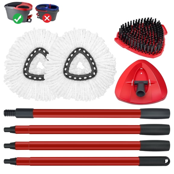 5-Piece Mop Handle and Mop Heads Replacements for O-Cedar EasyWring 1-Tank: Red 4-Section Metal Pole, 2 Microfiber Refills, 1 Scrub Brush, 1 Base, Spin Mop Accessory Kit for O-Cedar