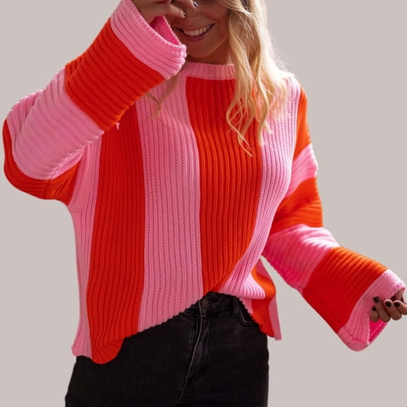 IMENGL Striped bell sleeve pullover sweater, Red M, Size M-XL
