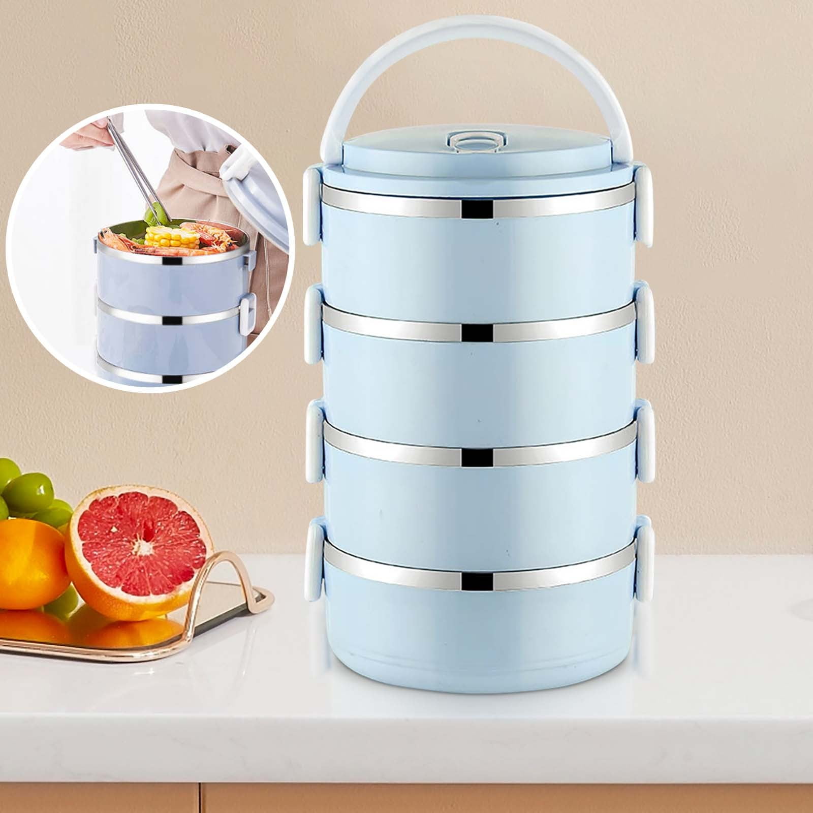 AZXY Metal Bento Box, 4-Layer Round Stainless Steel Insulated Lunch Box, Portable Leakproof Fresh Keeping Bentgo Box for Office Outdoor Use, Blue