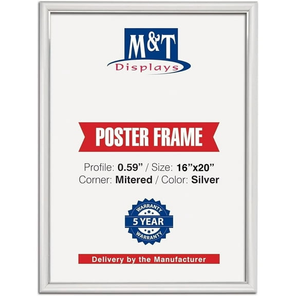 M&T Displays Snap Poster Frame 16x20 Inch Silver 0.59" Aluminum Profile Front Loading Wall Mounting Picture Photo Document Certificate Sign Holder Mitered Corner Anti Glare Cover