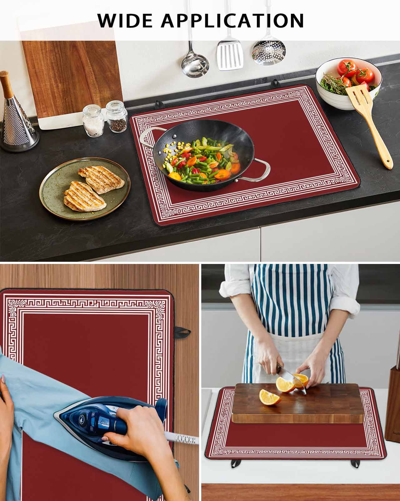 nqOlkjepod Large Induction Cooktop Protector Mat 24"x21", Red Geometric Stove Top Covers for Electric Stove, Country Farm Traditional Chinese Tile Stove Burner Cover Mats, Glass Top Stove Cover
