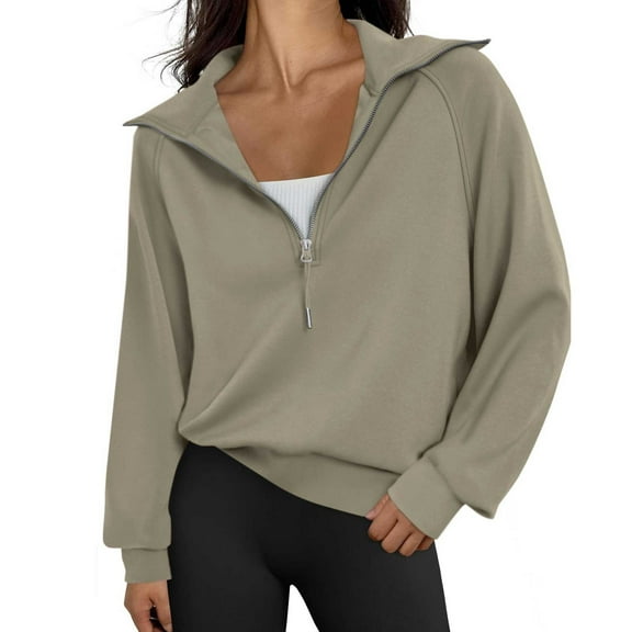 jtjvou Trendy Queen Womens Oversized Sweatshirts Half Zip Pullover Long Sleeve Quarter Zip Hoodies Teen Girls Fall Y2K Clothes,Khaki,S