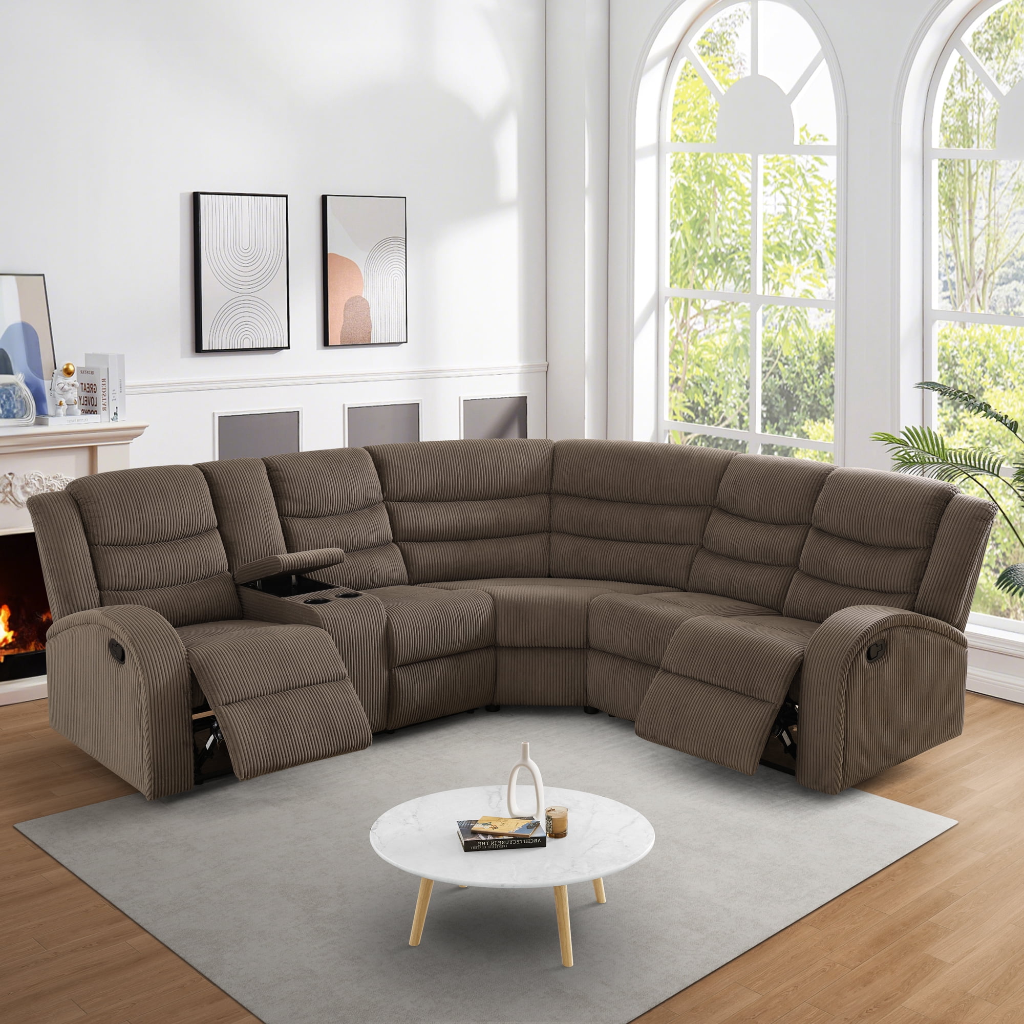 Gewnee Brown Striped Fabric Manual Recliner Sectional Sofa, Angle Adjustable with Cup Holder, Oversize Couch for Living Room Home Office Theater