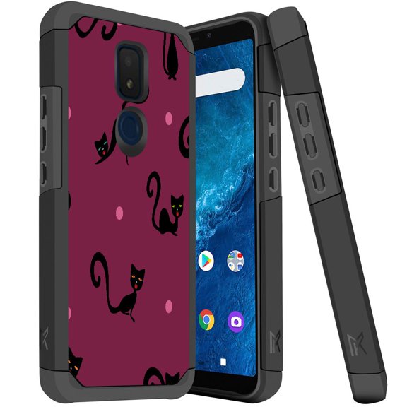 ANJ  Dual Layer Shockproof Hybrid Case   [Tempered Glass] Cover for Cricket Icon 3, Splendor, AT&T Motivate 2 - Black Cat