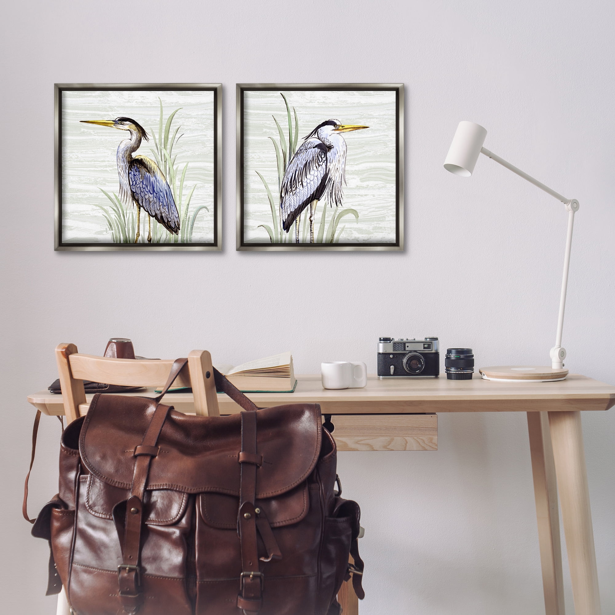Stupell Industries Coastal Birds on Birch Animals Painting Gray Floater Framed Canvas Art Print Wall Art, 18 x 18, Set of 2