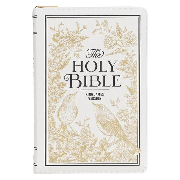 KJV Holy Bible, Thinline Large Print Vegan Leather Red Letter Edition Thumb Index & Ribbon Marker, King James Version, White and Gold, Zipper Closure