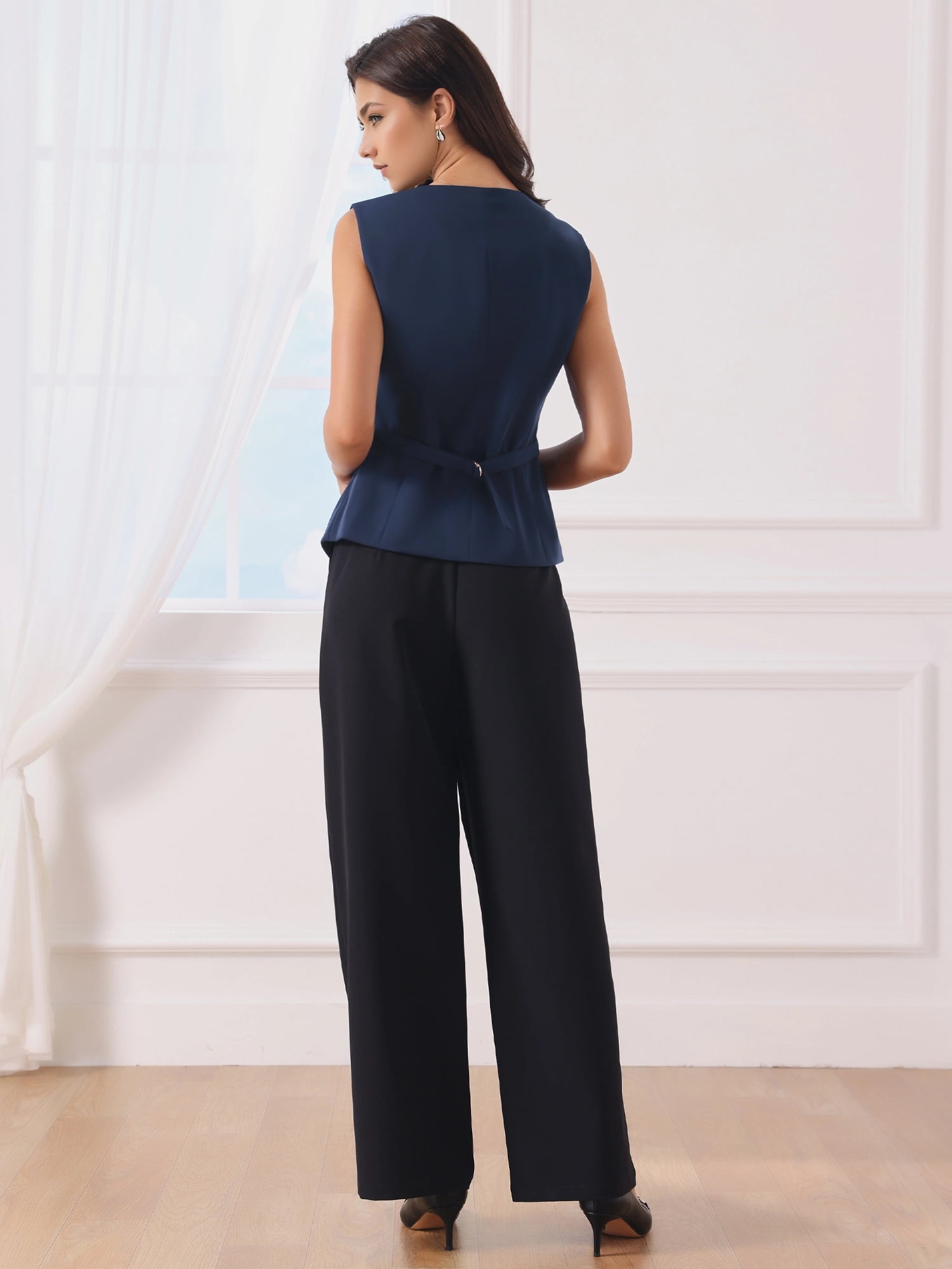 DARING DIVA Women's V Neck Button Down Waistcoat with Pockets L Dark Blue