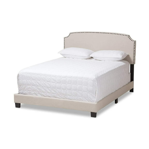 Queen Size Bed Modern Upholstered Beige Fabric Bed Frame Contemporary Design Nailhead Trim