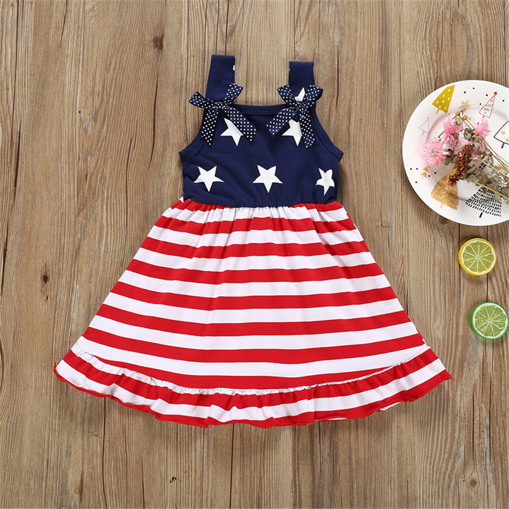 Independence Day Toddler Girl Ruffled Bowknot Design Strap Dress