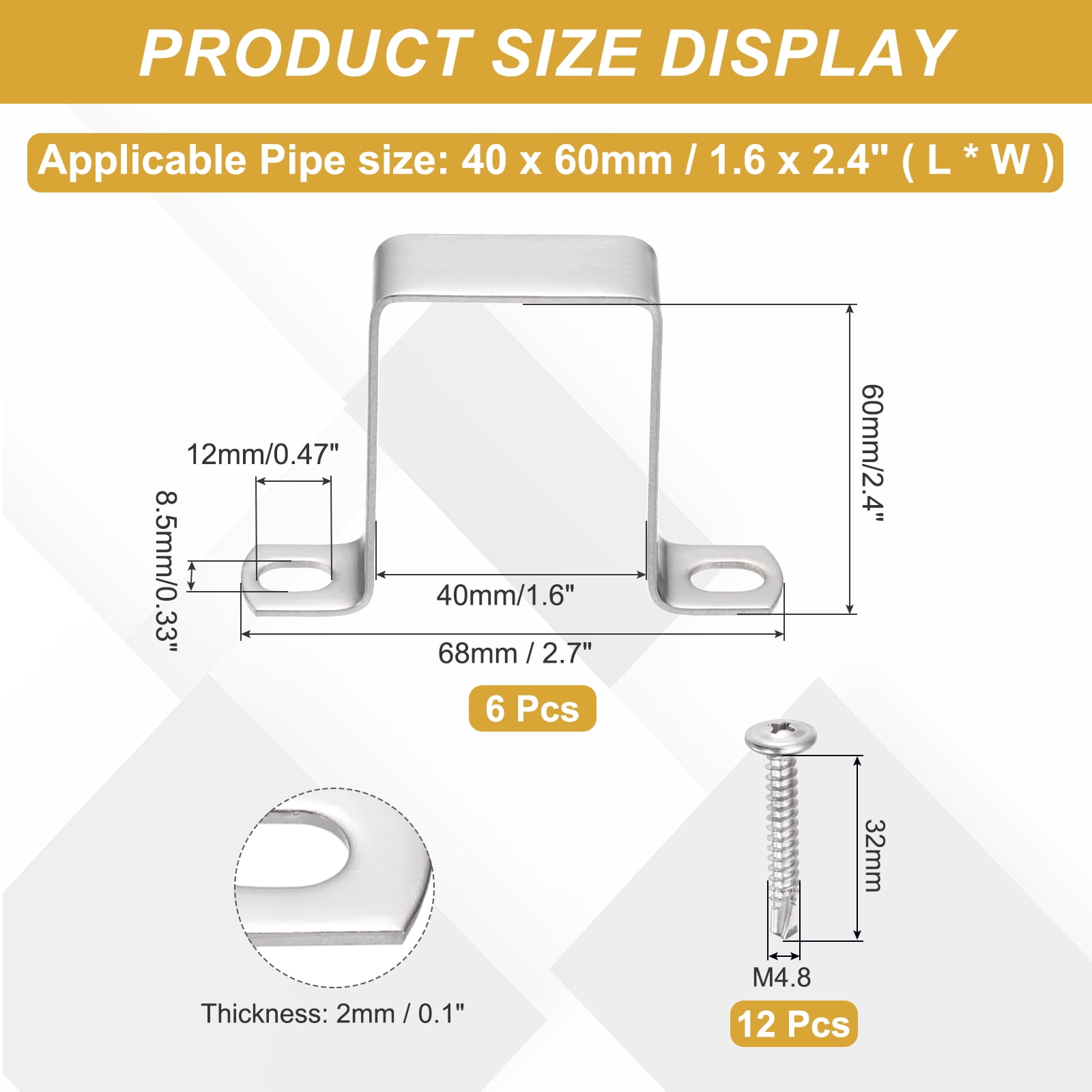 Uxcell 6Pcs U Shape Square Tube Clamp, 40x60mm U Shaped Bracket 304 Stainless Steel Square Strap Clamp with Phillips Head Self Drilling Screws for Pipes Door Closed Bar Holder Railings