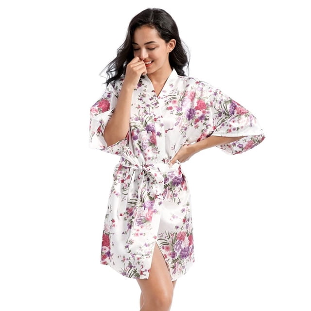 AJZIOJIRO Robe de Chambre Fleurie pour Femme, Chemises de Nuit, Peignoir de Pyjama en Satin, Vêtement de Nuit, Nuisette à Manches Longues, Tenue de Sommeil M-2TG