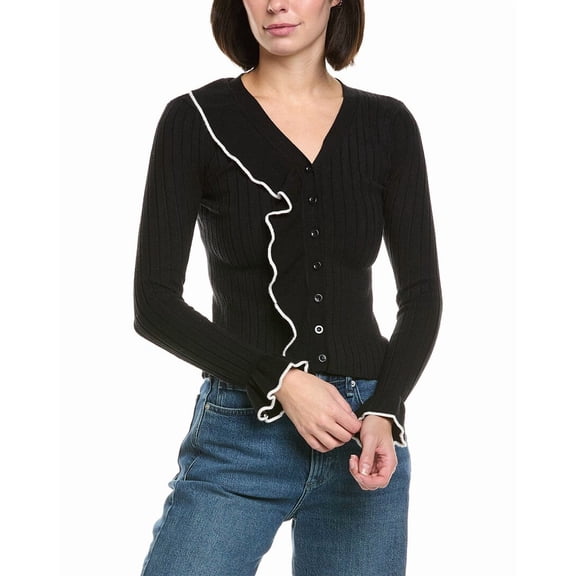 Gracia womens  Knitted Ruffle V-Neck Top, m, Black