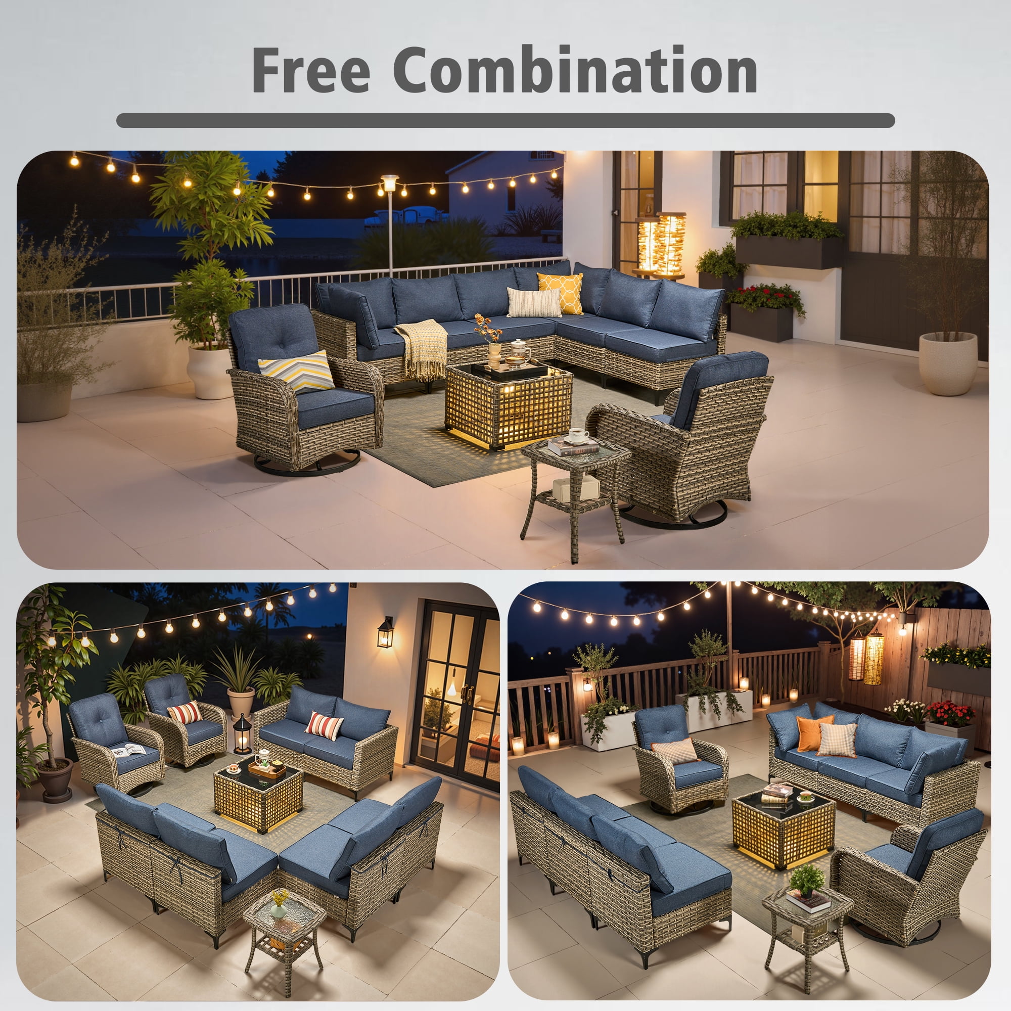 Ovios 10 Pieces Outdoor Patio Furniture All-Weather Wicker Sectional Conversation Set with Swivel Chairs & Solar Coffee Table, Denim Blue
