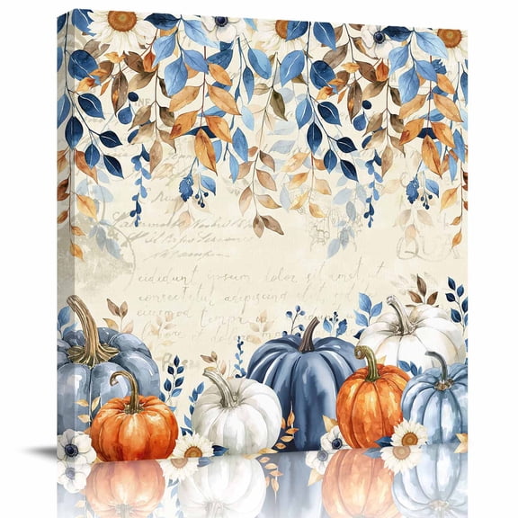 Wall Art Prints, Orange Blue Pumpkins Fall Framed Canvas Prints for Bedroom Living Room Bathroom Office, Thanksgiving Eucalyptus Vintage Gallery Wrap Wall Art Poster for Gifts Home Decor 8"x8"
