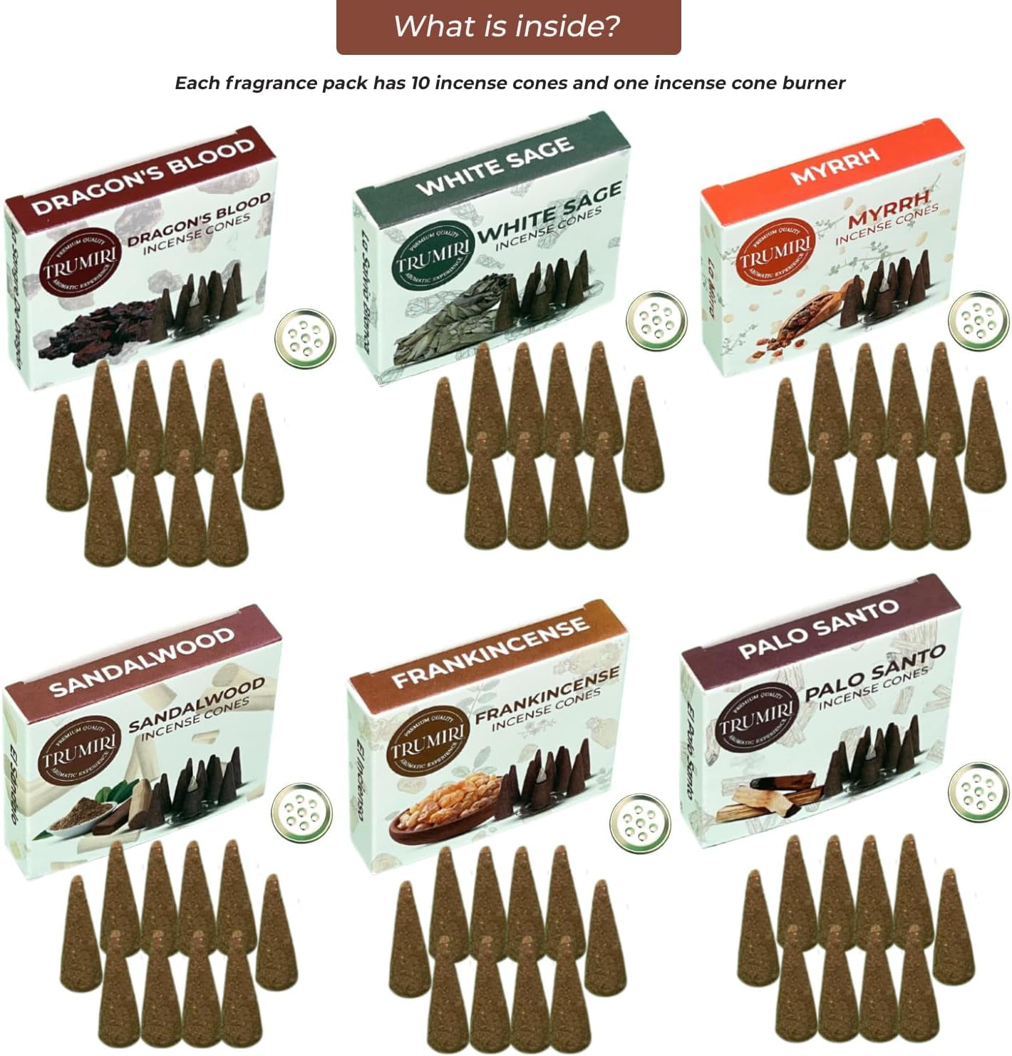 Trumiri Woody Incense Cones - Variety Pack - Total 60 Cone Incense (6 Scents x 10 Conos) - White Sage, Palo Santo, Dragons Blood, Sandalwood - Cone Incense Scents - Insense Cones - Incent Cone
