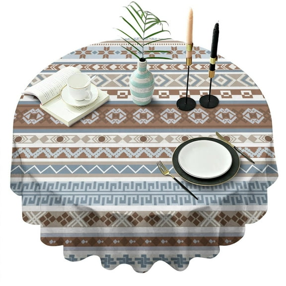 Round Waterproof Tablecloth 60×60 Inch, Bohemia Stripe Reusable Indoor/Outdoor Durable Table Cover for Party Kitchen Dinner Room Decor