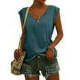 thumbnail image 1 of Femmes Tops Mode Solide Couleur Cap Manches V Cou Décontracté en Vrac Manches Courtes T-Shirt Top Armée Vert L, 1 of 5