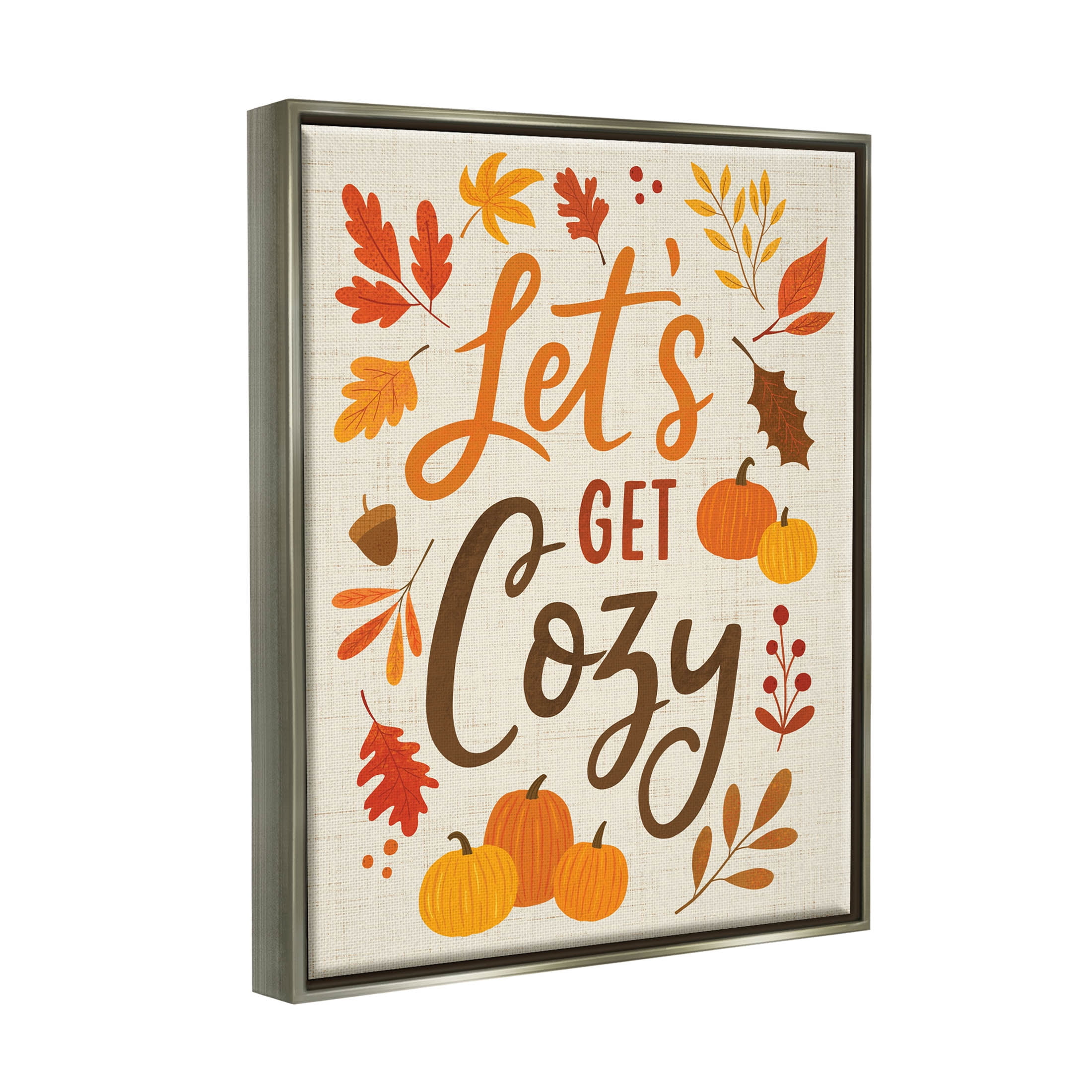 Lets Get Cozy Autumnal Leaf Sprigs Holiday Graphic Art Luster Gray Framed Art Print Wall Art