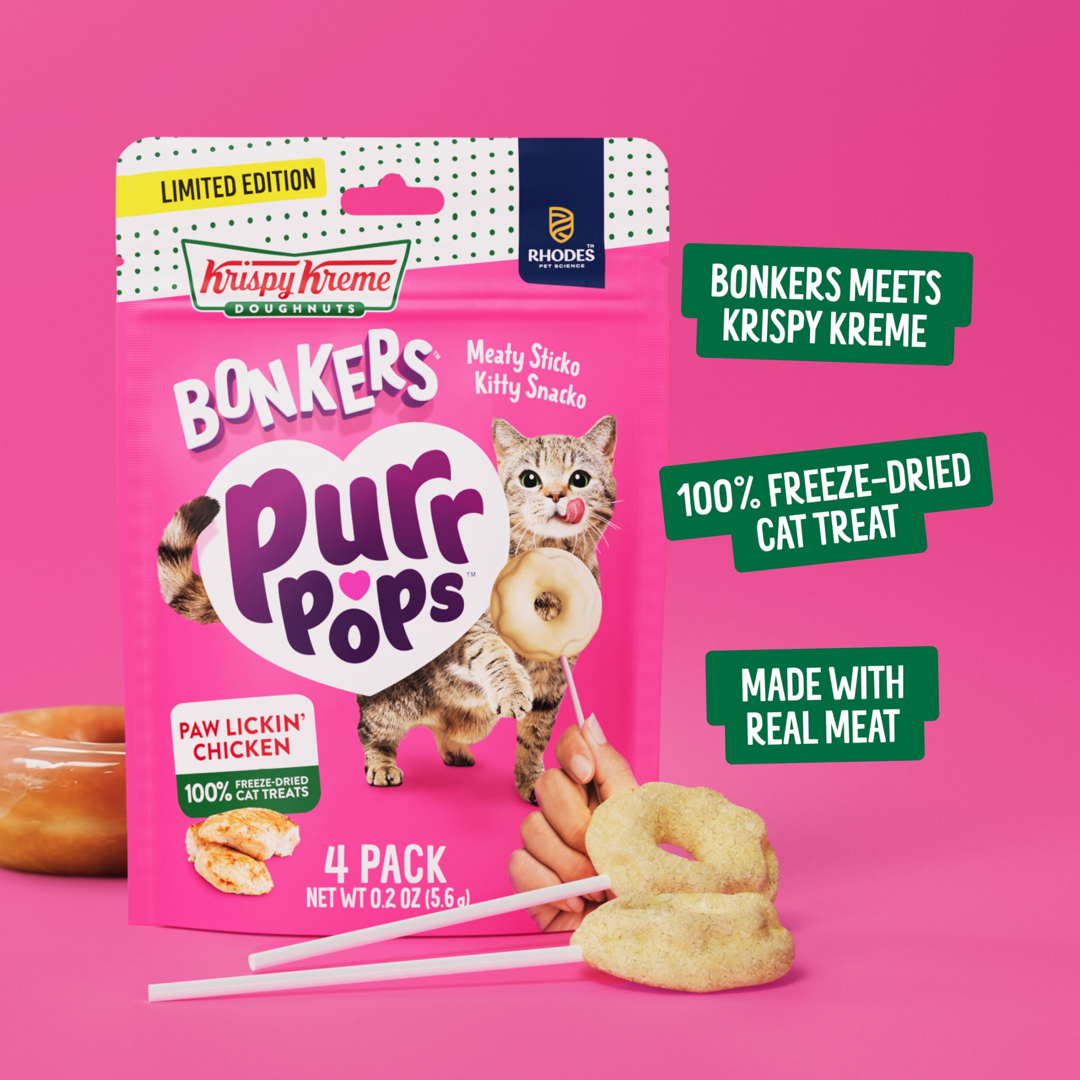 BONKERS Purrpops Krispy Kreme Limited-Edition Freeze-Dried Chicken Flavored Lollipop Cat Treats, 4 pack