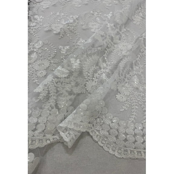 Sedona Designz 48"/50" Wide Corded Floral Lace Fabric with Sequins – Mesh Embroidered Prom & Bridal Fabric with Scalloped Edges, Elegant for Gowns, Décor & Crafts