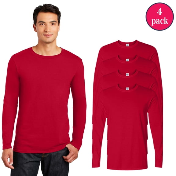 Gildan Men’s Softstyle Long Sleeve T-Shirt, Side Seams Casual Bulk 4-Pack Cherry Red Tee, Size S