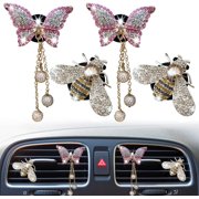 Bling Butterfly Bee Air Vent Clips, 4 Pcs Pink Butterfly Bee Car Air Fresheners Vent Clips Car Diffuser Vent Clip Diamond Car Decoration Cute Car Interior Decor Bling Car Accessories for Women