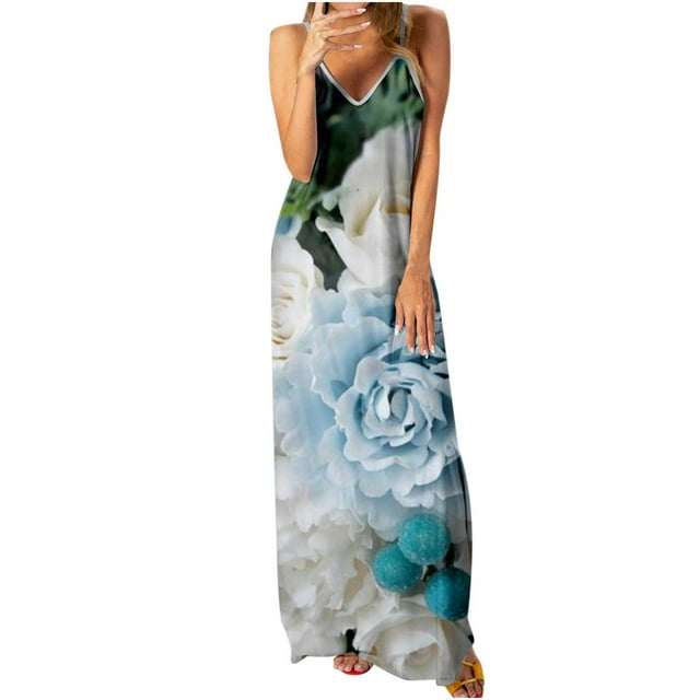 Robe Maxi d'Été Sans Manches à Col en V pour Femmes, Imprimé Floral Boho, Bretelles Spaghetti, Robe Longue Décontractée et Douce pour la Plage