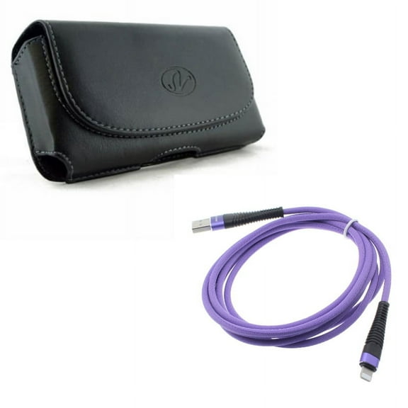6ft USB Cable w Case Belt Clip for iPhone 8/7/6S/6/11 Pro - Purple Charger Cord Power Wire Braided, Leather Holster Cover Loops Pouch for iPhone 8/7/6S/6/11 Pro Models